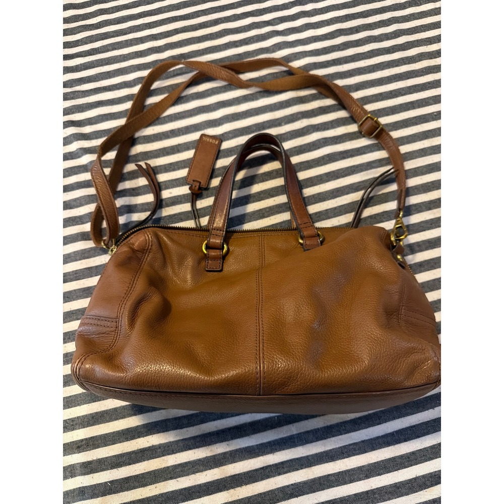 Fossil Cognac Brown Pebbled Leather Satchel Crossbody Bag Brass Hardware